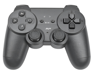 Single gray video game controller, photographed from a straight-on perspective and isolated on a white background