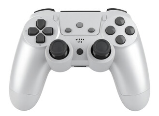 Video game controller with a gray finish, isolated on a white background and photographed in a professional studio setting