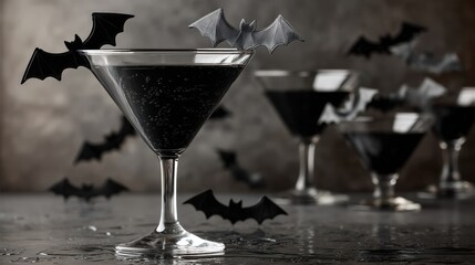 Elegant black martini glasses decorated with bat silhouettes for Halloween party