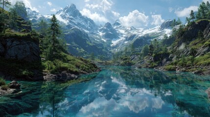 Scenic alpine lake reflecting snow-capped peaks