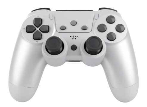 Video game controller with a gray finish, isolated on a white background and photographed in a professional studio setting