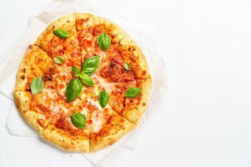 Pizza Margarita on white background.