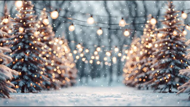 Discover the magic of a snowy winter wonderland with glowing fir trees in soft snowfall