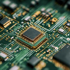 Close-up of a circuit board with a central chip