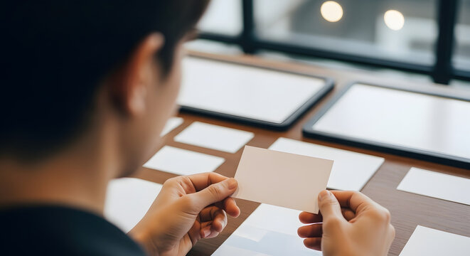 Hands holding blank business card, contemplating design for new brand identity in a modern office setting