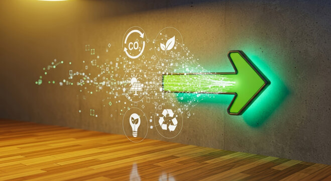 Bright green arrow points the way to sustainability and a cleaner future for everyone now