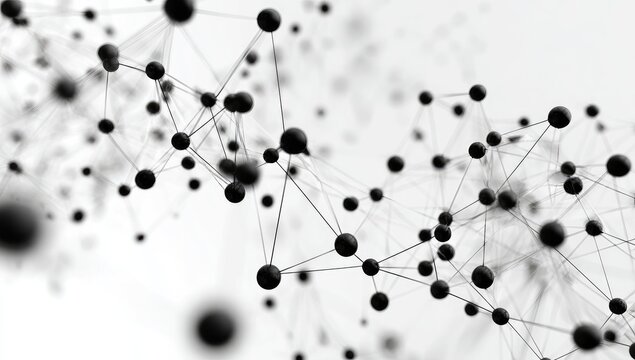 Abstract network of interconnected dark spheres on a light background.  Intricate molecular or connection design