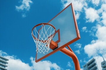 Outdoor basketball hoop with net against blue sky urban background