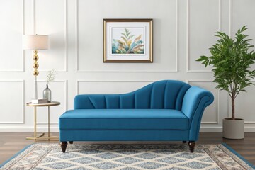 Blue chaise lounge with fluted back and rolled arm rests in a living room