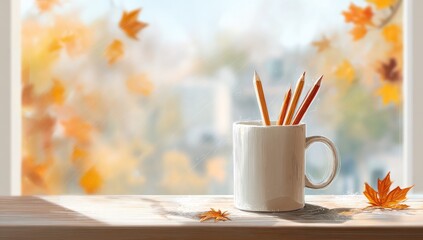 Autumnal window scene with pencils in mug