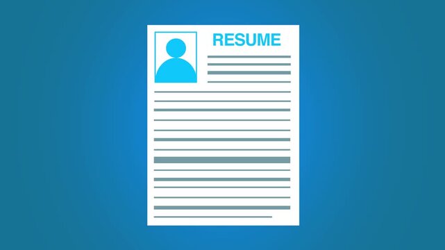 Resume CV to get hired. animation of CV with photo of reclining Pinocchio businessman. Animation of curriculum vitae papers with photo. Hiring concept new employees recruitment
