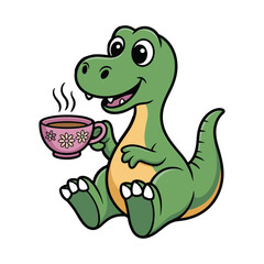 Adorable green cartoon dinosaur happily sips hot coffee from a pink teacup