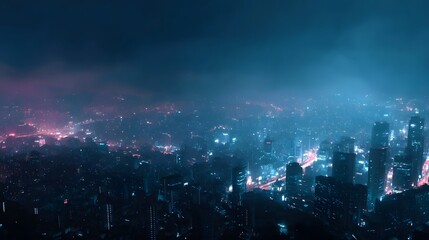 Obraz premium A breathtaking aerial view of a vibrant futuristic cityscape at night illuminated by glowing blue and pink neon lights under a hazy sky depicting a