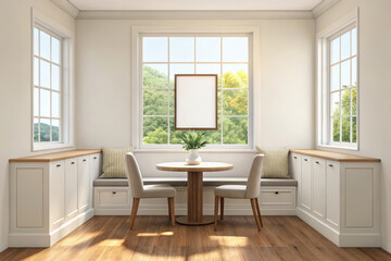 Bright kitchen dining nook with banquette seating and round table by large window airy