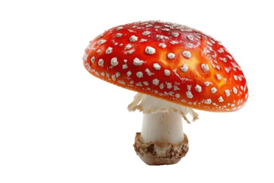 Single red mushroom with white spots