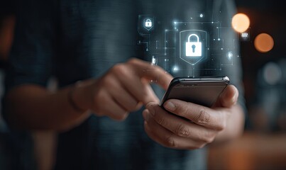Close-up of person using a smartphone, security icons overlayed