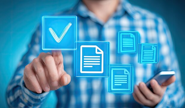 A person's finger touches a glowing check mark over document icons,  hovering above a phone