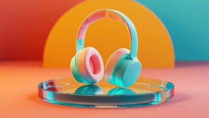 Pastel headphones on a circular glass pedestal.  A pair of light teal headphones with light peach earcups sits on a clear glass circular platform. 