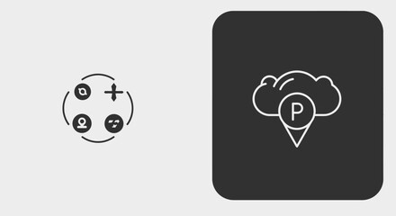 Two icons: one showing four circles connected by a circular arrow, and the other showing a cloud with a parking symbol.