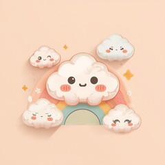 Charming kawaii cartoon clouds with a rainbow backdrop, perfect for a whimsical and adorable aesthetic