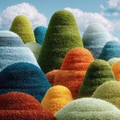 Colorful, textured hills against a bright sky.  Soft, fuzzy peaks in a range of vibrant hues, from greens and yellows to blues and oranges.