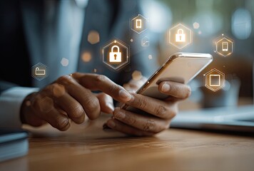 Close-up of hands using a smartphone with security icons overlay