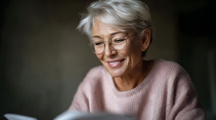A happy senior woman with short grey hair and glasses smiles warmly while reading indoors embodying contentment and relaxed focus