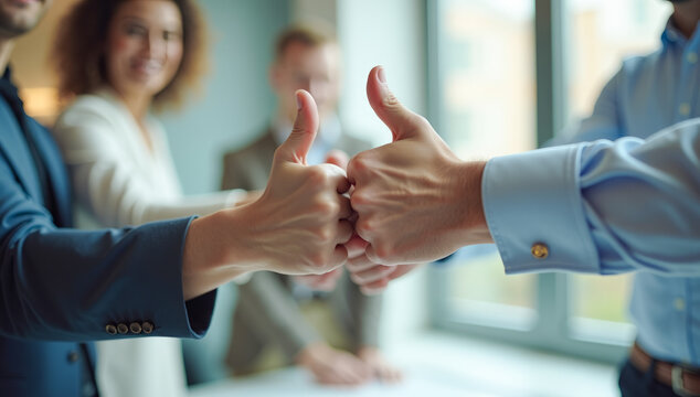The hands of a team of businessmen together, thumb top, close-up - Powered by Adobe