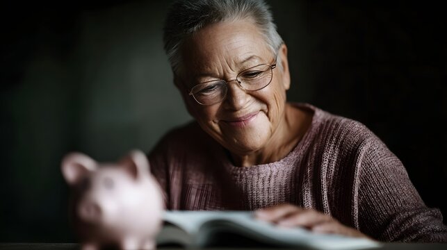 Contented elderly woman smiling while reviewing her savings book reflecting on financial planning and security in a calm home setting
