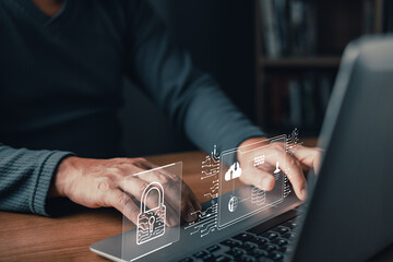 A person types on a laptop with glowing digital icons of a padlock, cloud storage, and database, symbolizing cybersecurity, secure data management, online protection, and digital information security.