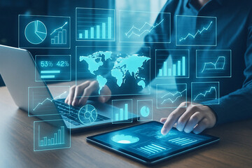 Person analyzing digital data charts and graphs on laptop and tablet