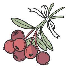 Obraz premium A charming illustration of a cranberry sprig with ripe berries and green leaves, tied together with a festive white ribbon