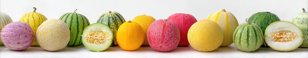 A variety of colorful melons and watermelons arranged in a horizontal row against a plain white background.  Various shades of yellow, pink, red, and green melons are displayed.