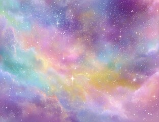 Pastel nebula filled with shimmering stars.  A dreamy, ethereal space scene with soft, rainbow-like colors and scattered, sparkling stars.  