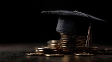 Graduation cap on a stack of golden coins symbolizing education investment financial future and academic achievement
