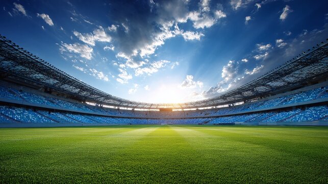 Vibrant stadium under a clear blue sky. A green field, blue seating, and expansive architecture create a captivating sporting venue.