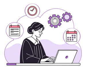 A stylized illustration of a woman in a professional role, likely a lawyer or administrator, focused on her work.