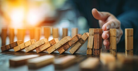 A hand halts a falling row of wooden blocks