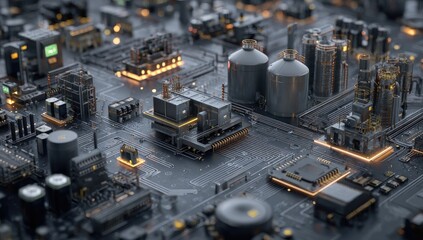 Abstract industrial complex on a circuit board.  A detailed digital rendering of a factory, rendered as if constructed on a circuit board. 