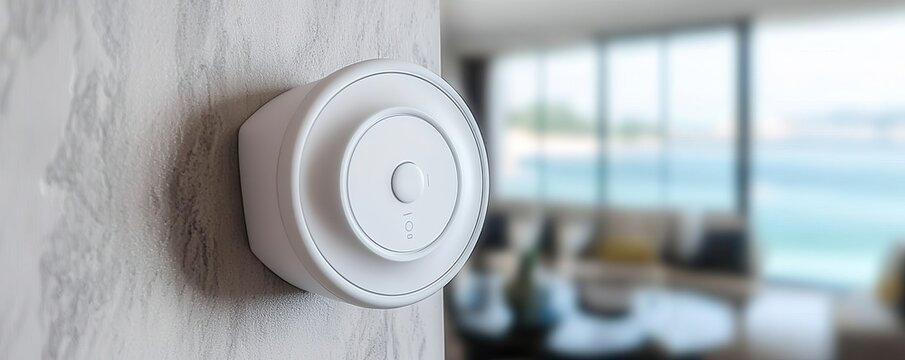 A modern thermostat mounted on a wall, showcasing a sleek design and a view of a stylish interior space with large windows.