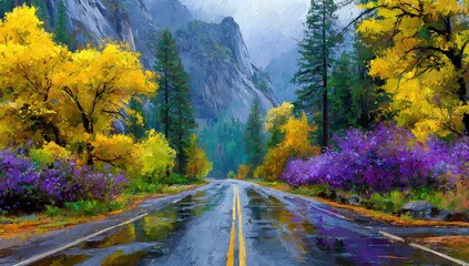 Colorful autumn road in a misty mountain valley.  Wet asphalt road stretches through a vibrant landscape of fall foliage,  vivid autumn colors, and  grey mountains.  Purple bushes line the roadside.  