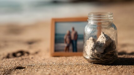Glass jar of coins and sand on a beach with a blurred photo of an elderly couple symbolizing retirement savings and future goals
