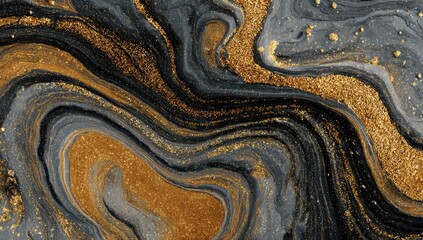 Abstract fluid art, dark gray and black swirls, gold glitter