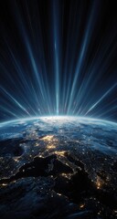 Earth at night, illuminated by a celestial burst.  Vast expanse of dark space, with a brilliant burst of light radiating outwards, illuminating the surface of the planet.  