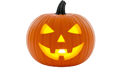 Jack-o'-lantern illuminated for Halloween celebration, a carved pumpkin with a spooky face glowing with warm light, perfect for festive decorations
