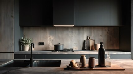 Sunlight illuminates a modern minimalist kitchen featuring a rustic concrete backsplash, dark cabinets, and a countertop adorned with cooking utensils, spices, and fresh bread