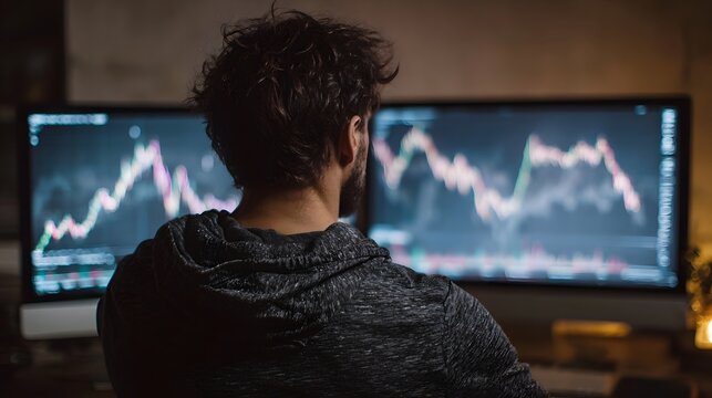 Person analyzing intricate financial market data and trends displayed on dual computer screens in a dimly lit focused work environment