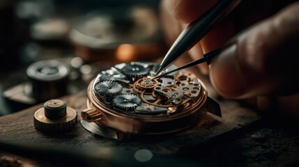Watchmaker carefully using tweezers to adjust and repair the intricate mechanism of a luxurious golden watch, showcasing exceptional precision and expertise in the art of horology