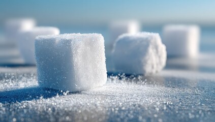 Close-up of sugar cubes on a frosty surface