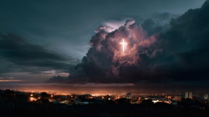 Radiant cross shining through dramatic storm clouds above a cityscape at dusk, embodying hope and faith while illuminating the darkness with a divine glow